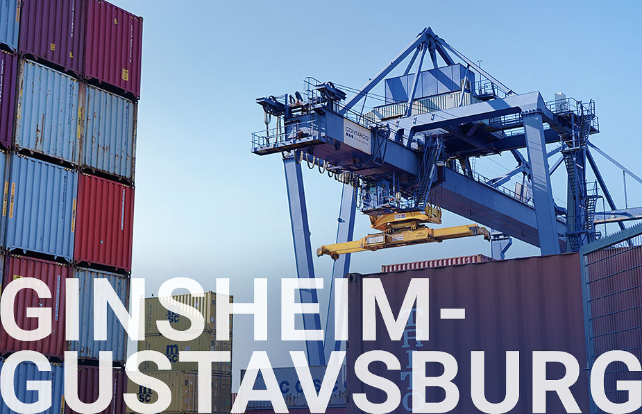 Blauer Kran auf Container Terminal mit Containern im Vordergrund.