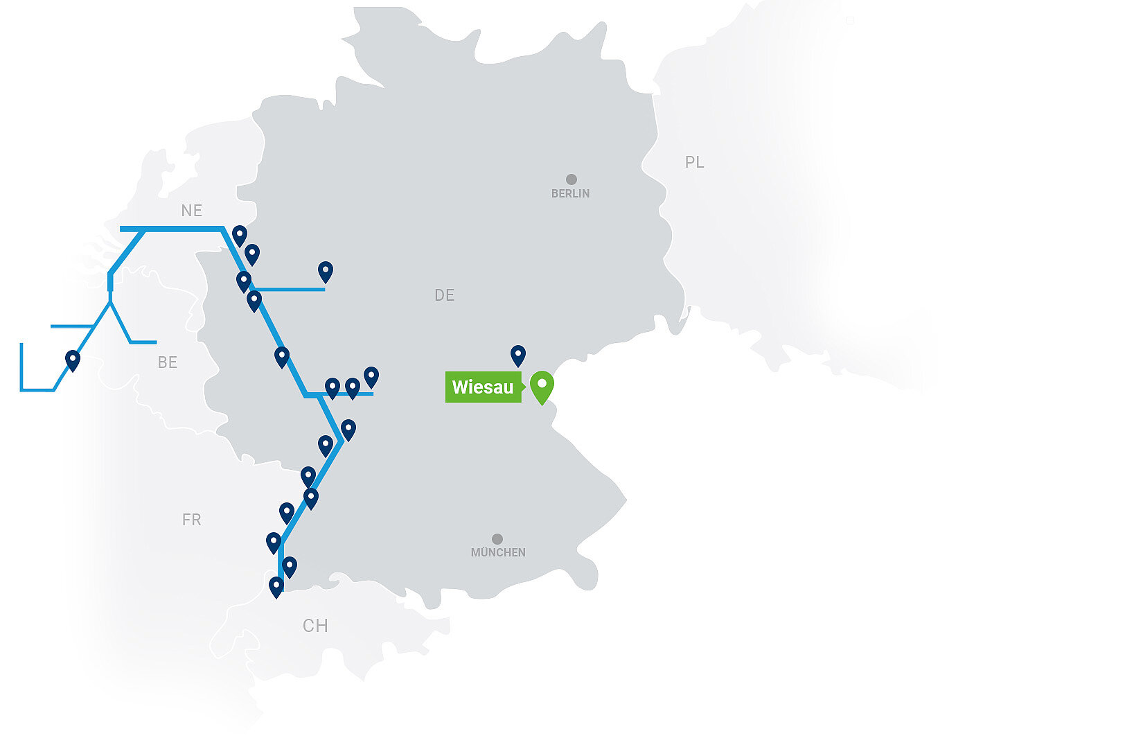 Netzwerkkarte Contargo Terminals mit Highlight auf Wiesau