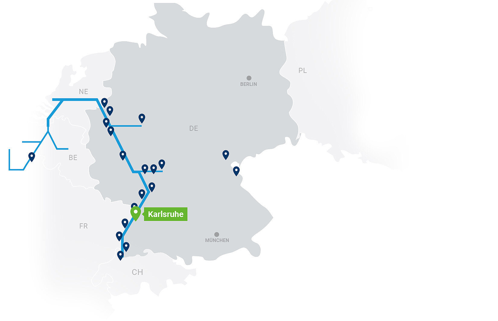 Netzwerkkarte Contargo Terminals mit Highlight auf Karlsruhe