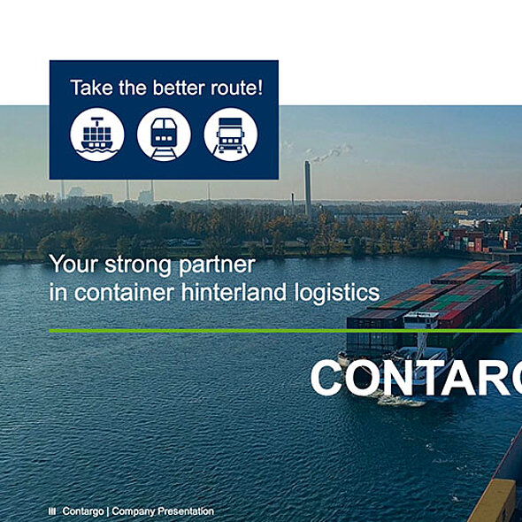 Container-Terminal Duisburg mit Binnenschiff auf Fluss im Vordergrund und Kran im Hintergrund