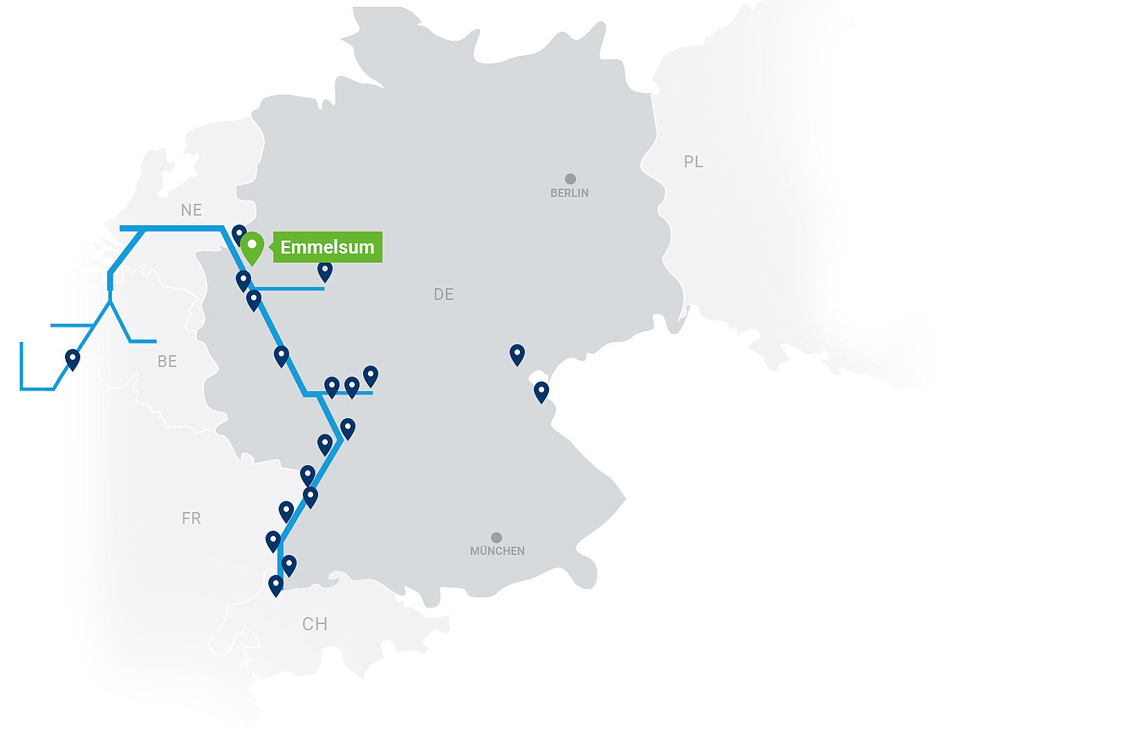 Karte Contargo Terminals mit Highlight auf Emmelsum