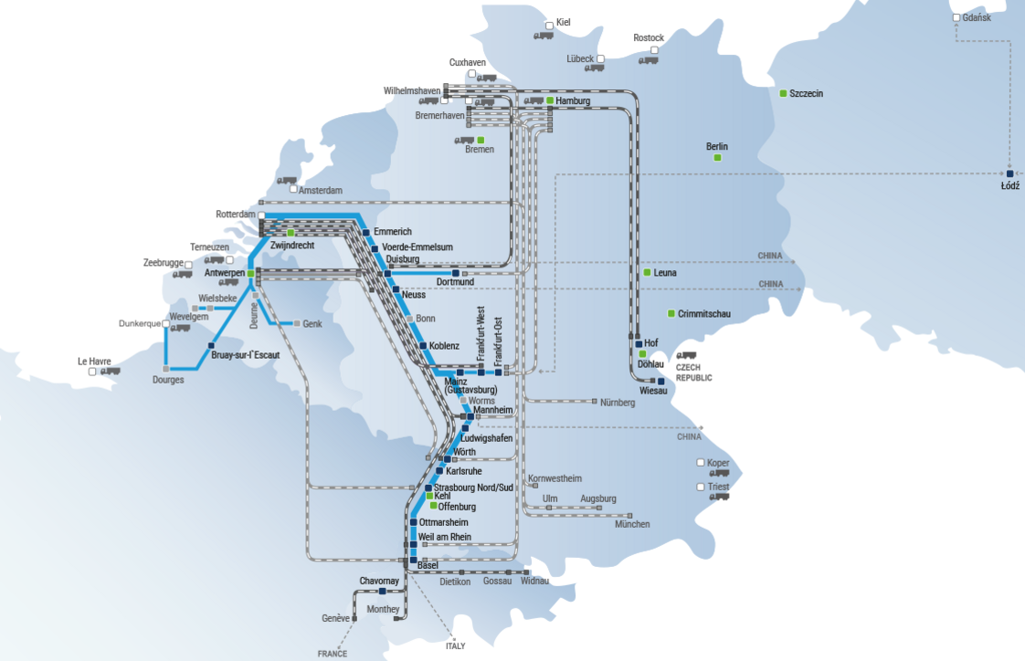 Netzwerkkarte mit eingezeichneten Transportverbindungen