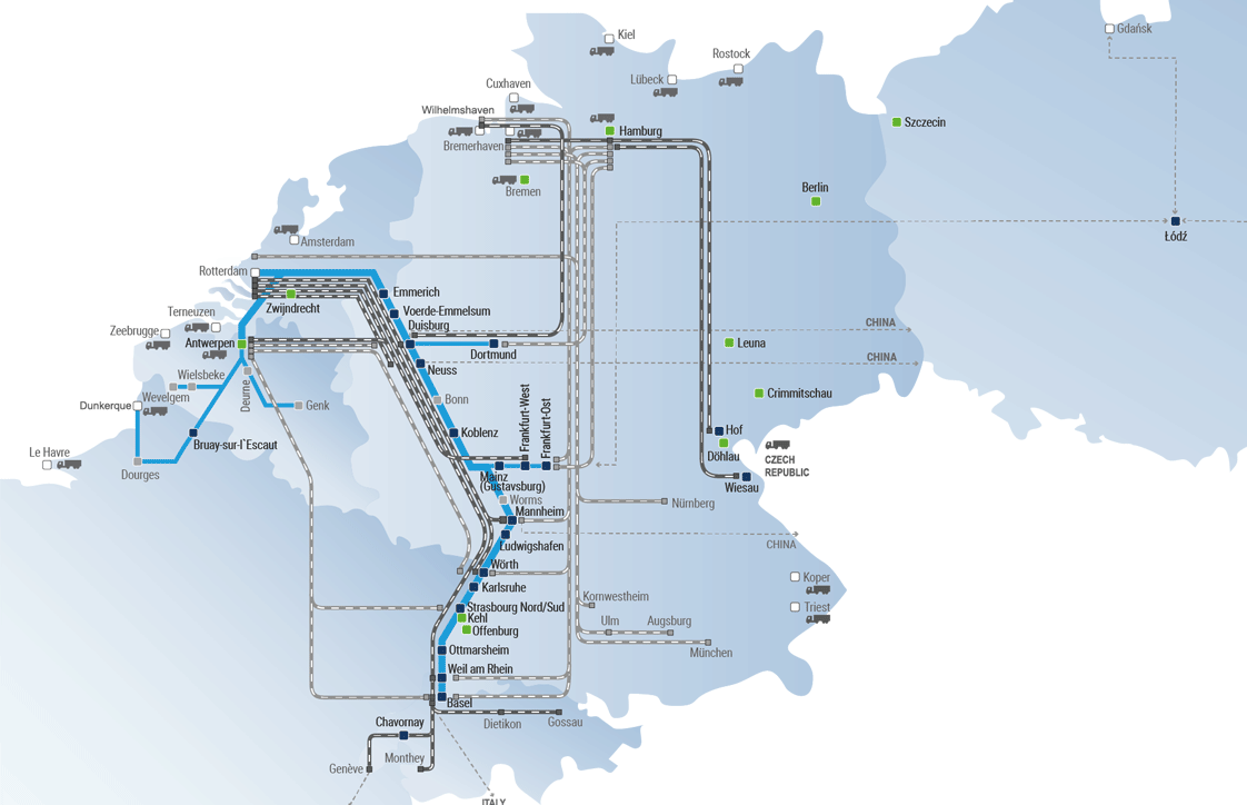 Netzwerkkarte mit eingezeichneten Transportverbindungen
