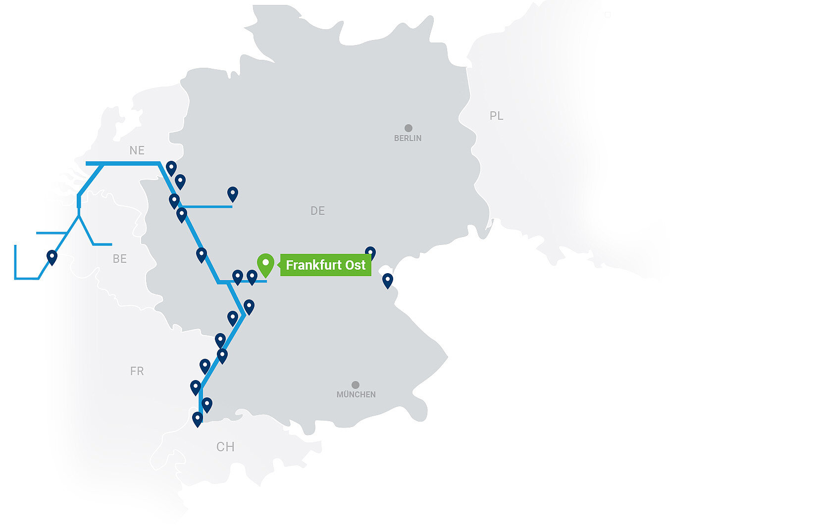 Netzwerkkarte Contargo Terminals mit Highlight auf Frankfurt-Ost