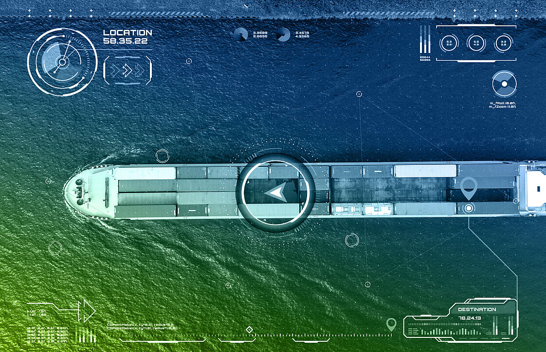 Barge von oben mit Geotracking-Grafik Elementen