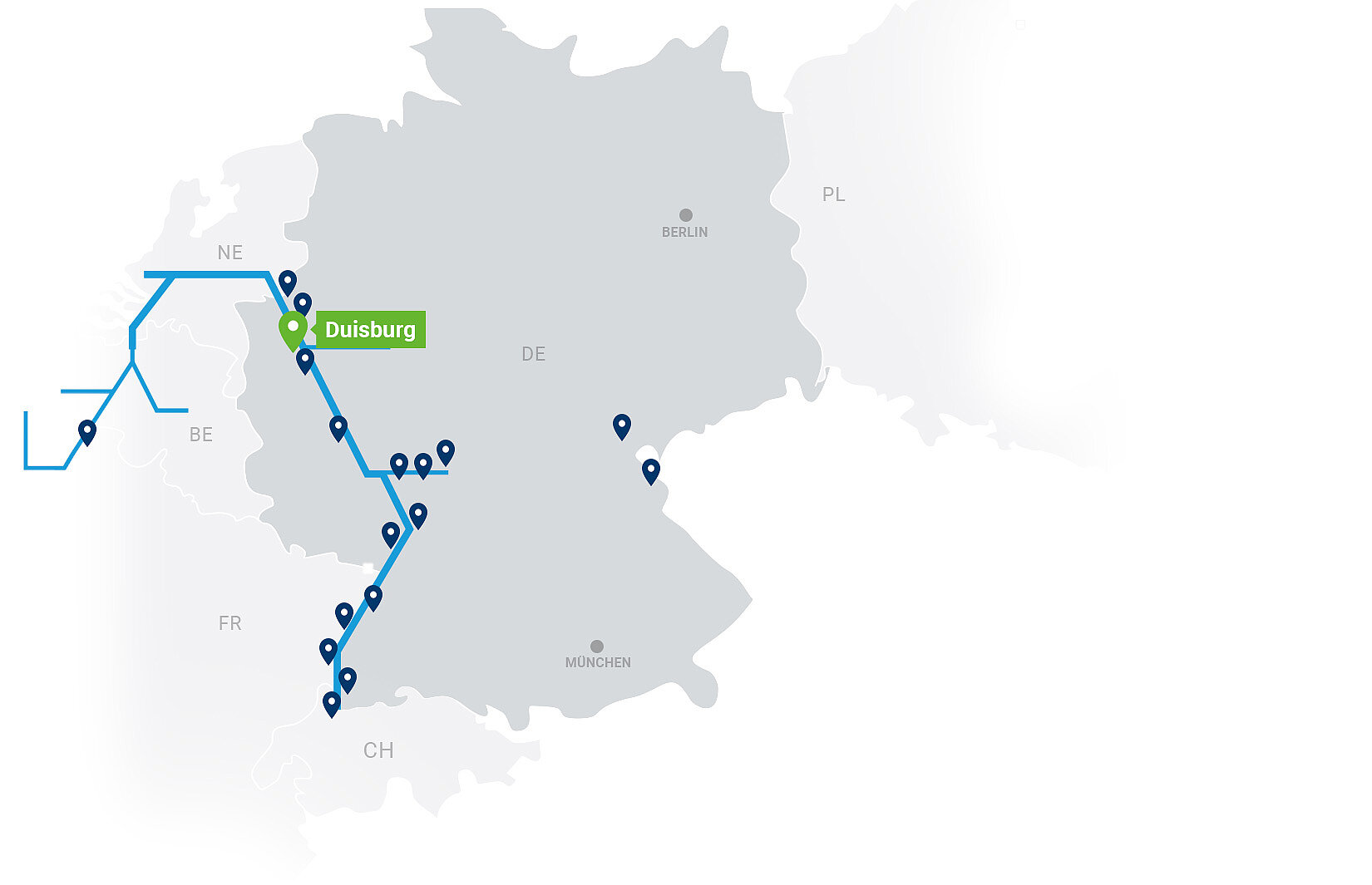 Karte Contargo Terminals mit Highlight auf Duisburg