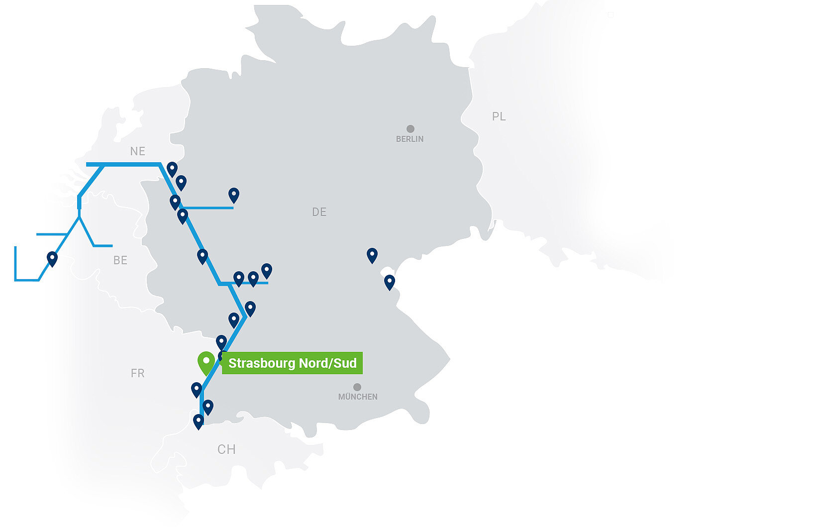 Netzwerkkarte Contargo Terminals mit Highlight auf Strasbourg