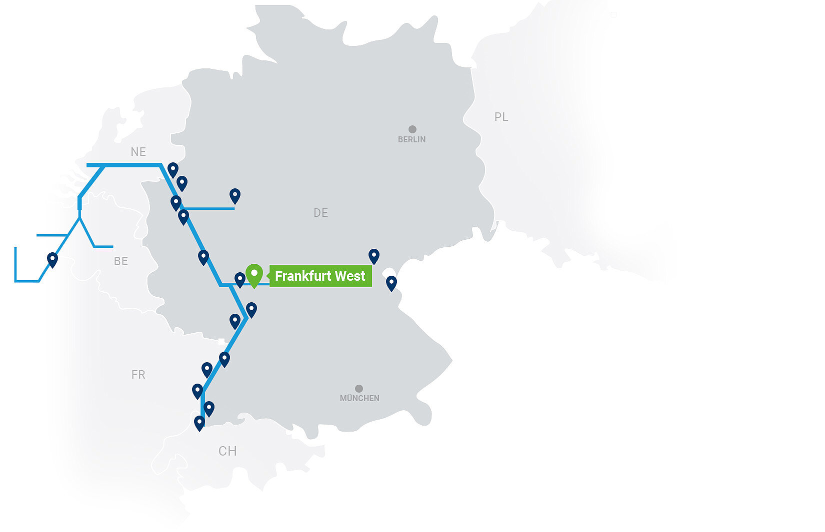 Karte Contargo Terminals mit Highlight auf Frankfurt-West