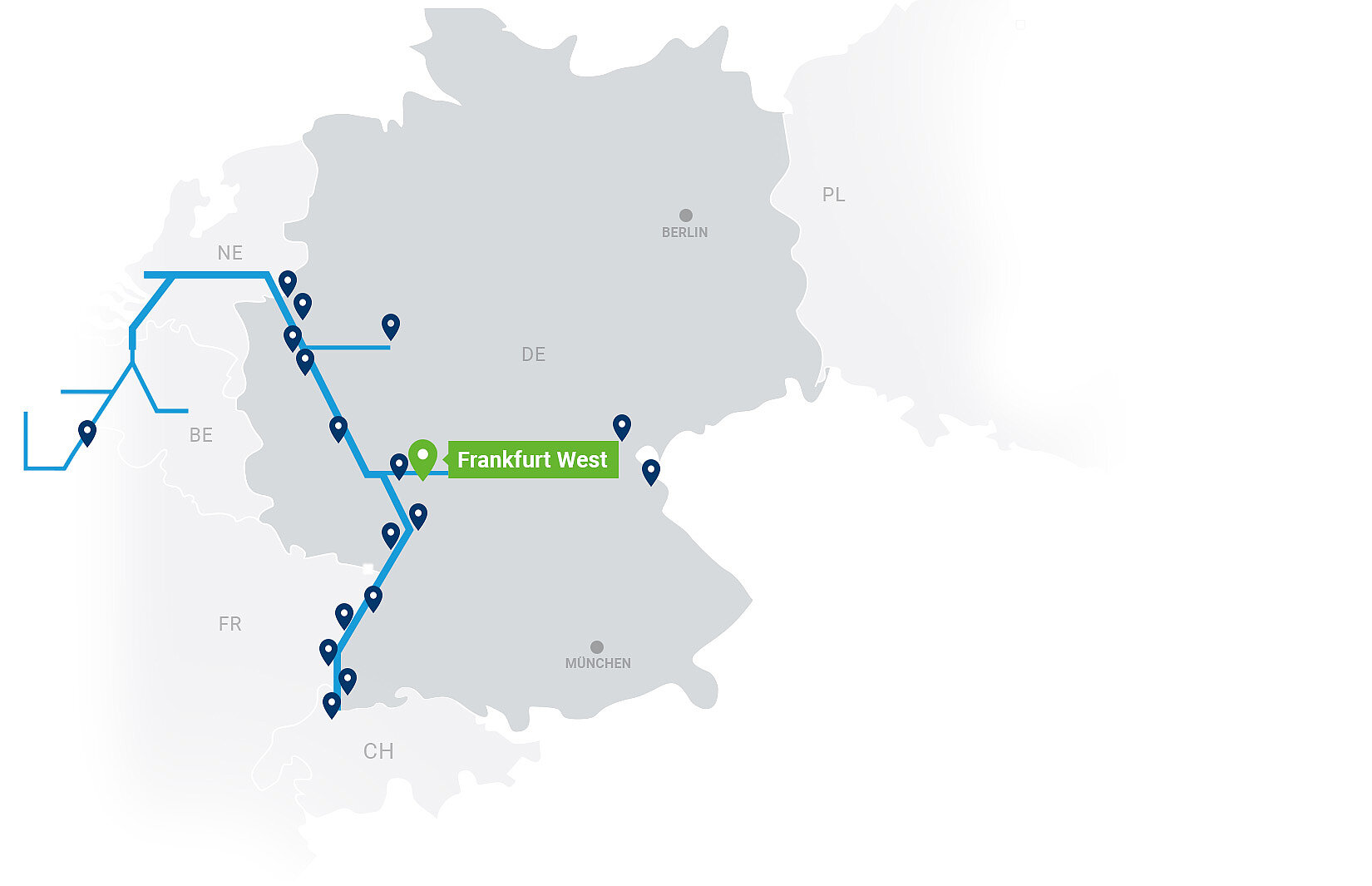 Netzwerkkarte Contargo Terminals mit Highlight auf Frankfurt-West