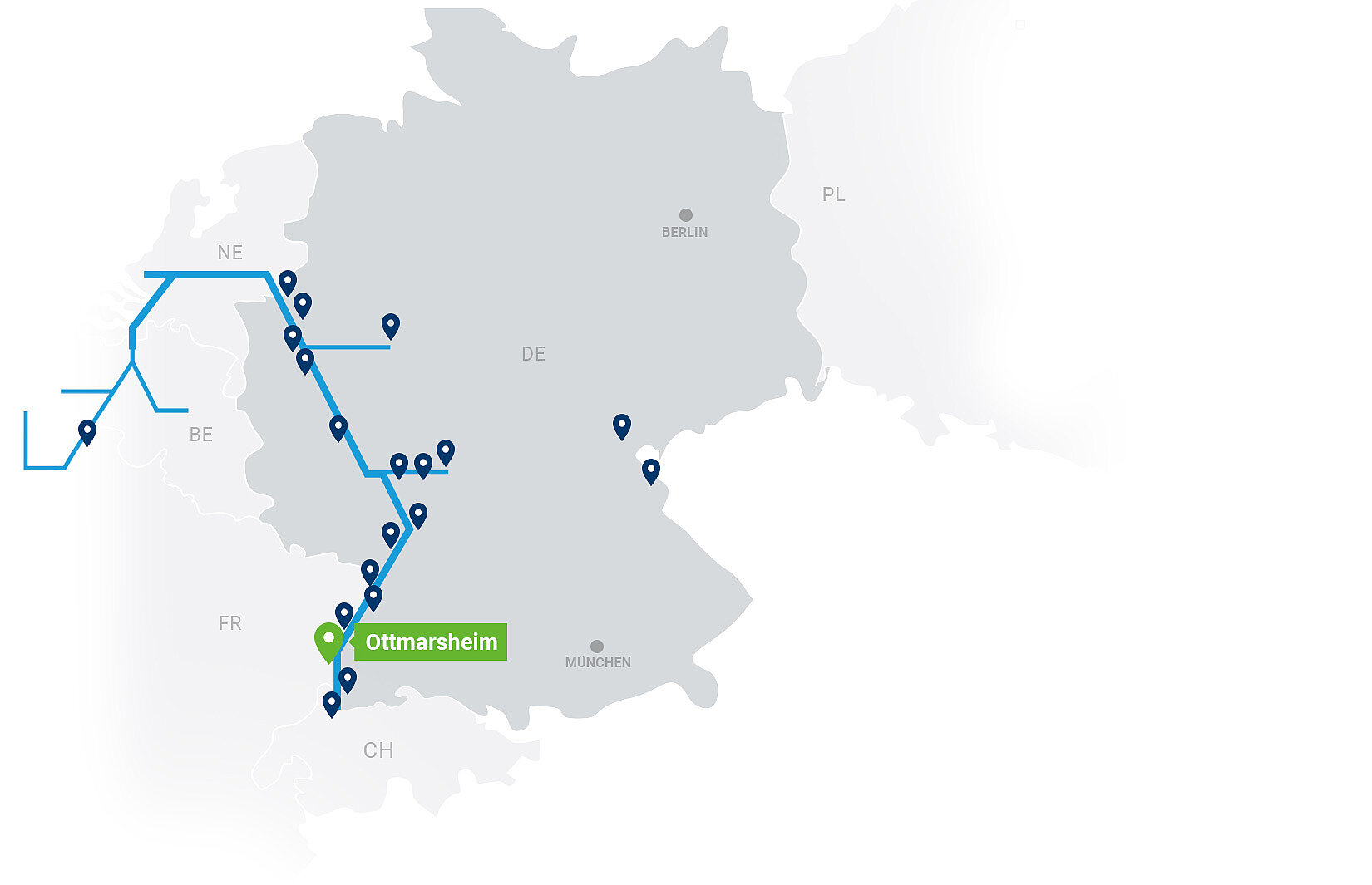 Netzwerkkarte Contargo Terminals mit Highlight auf Ottmarsheim