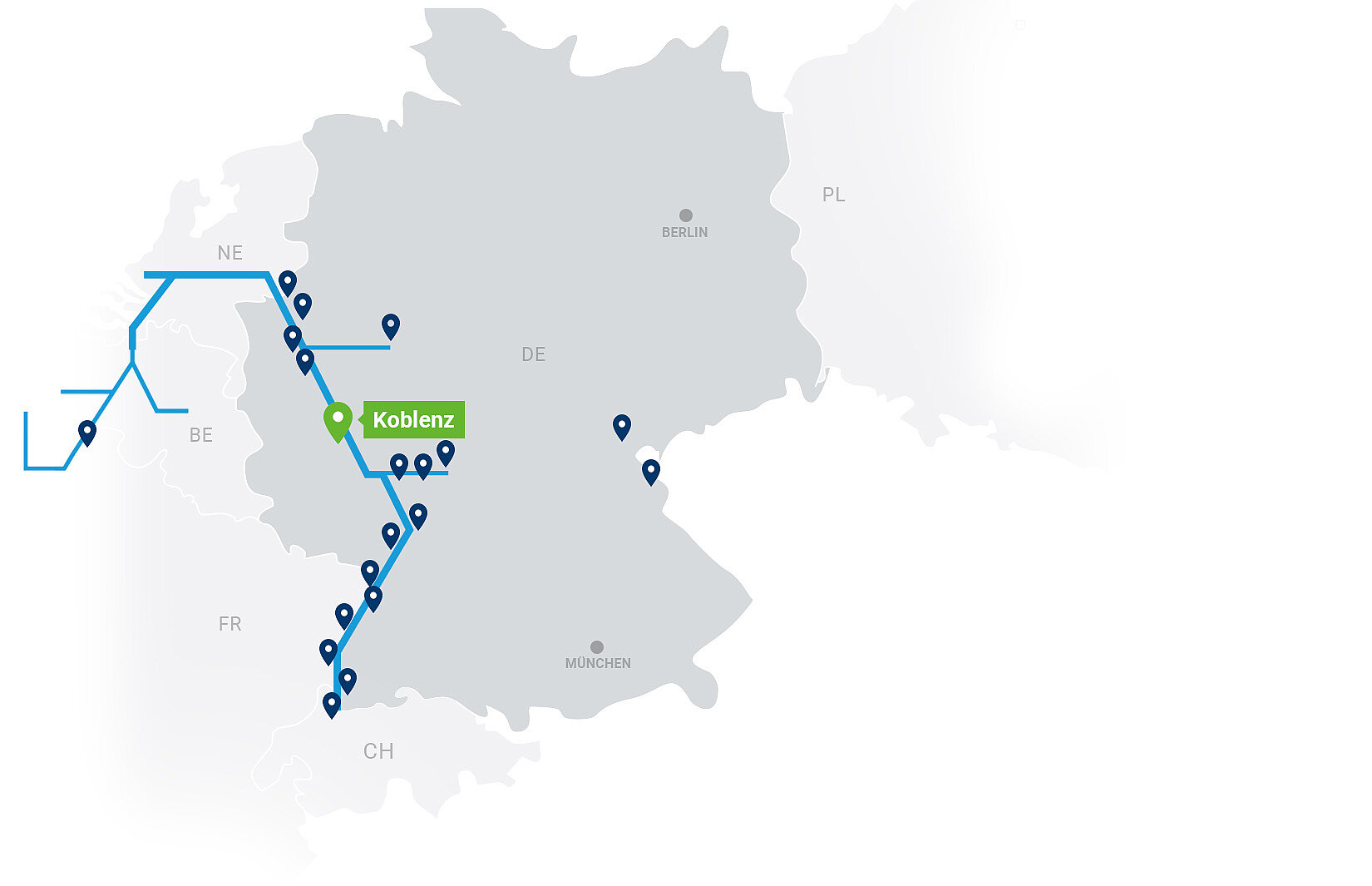 Netzwerkkarte Contargo Terminals mit Highlight auf Koblenz