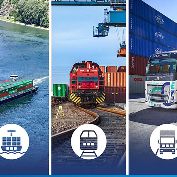 Containerstapel und Container-Zug mit Krananlage im Hintergrund