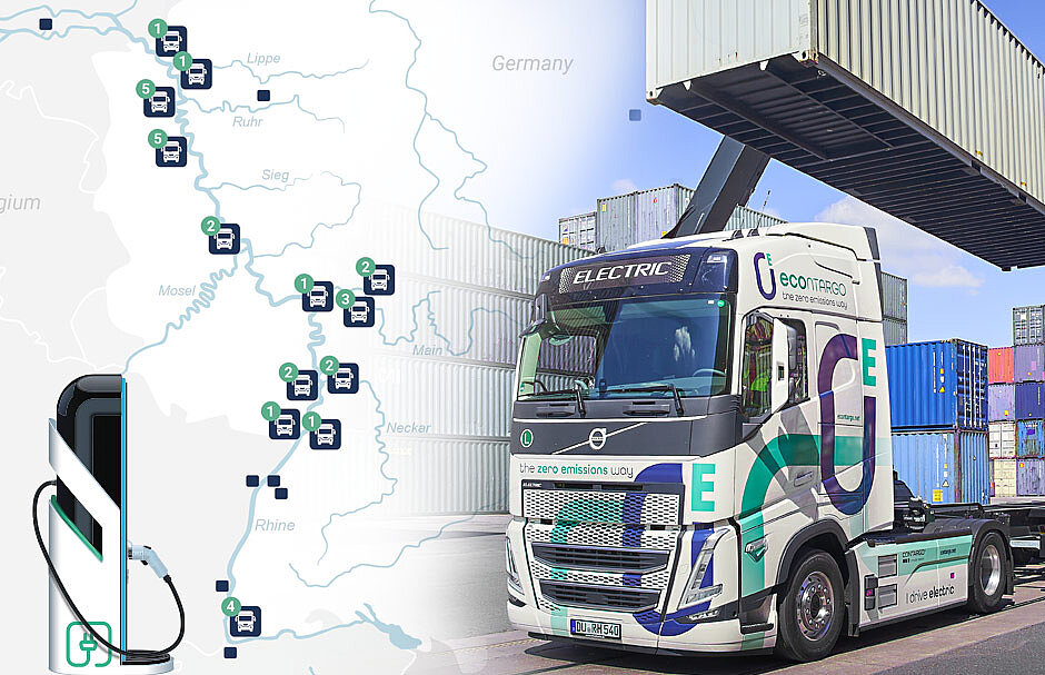 E-Truck auf dem Terminal im Hintergrund. Im Vordergrund Grafik zur Ladeinfrastruktur