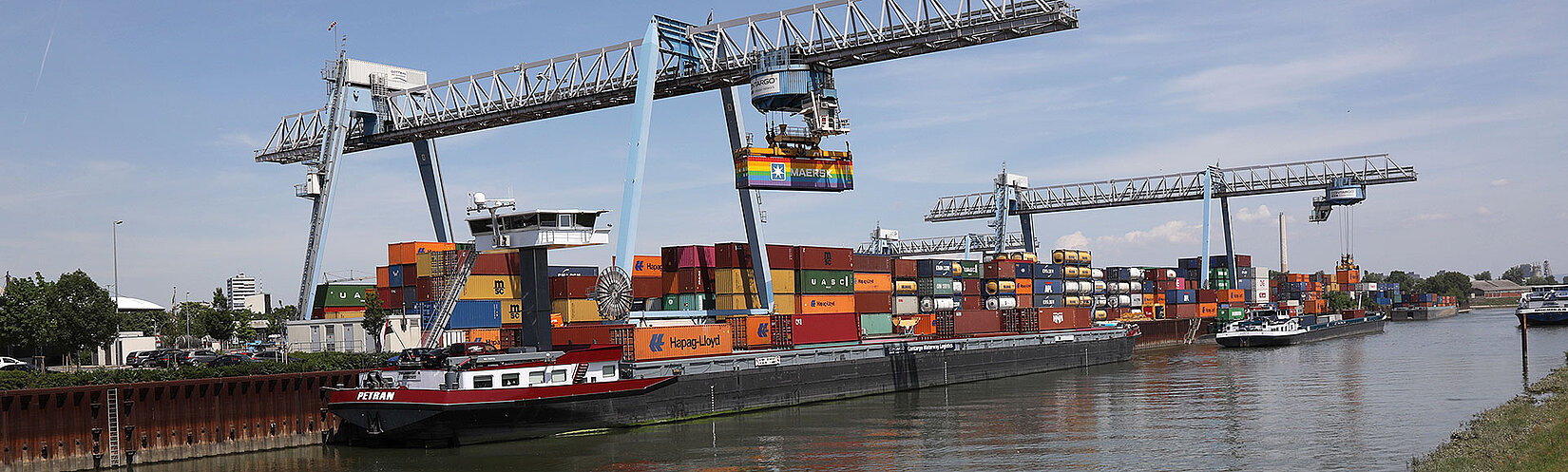 Terminal Ludwigshafen Zwei Container-Schiffe werden am Container-Terminal von Kränen entladen