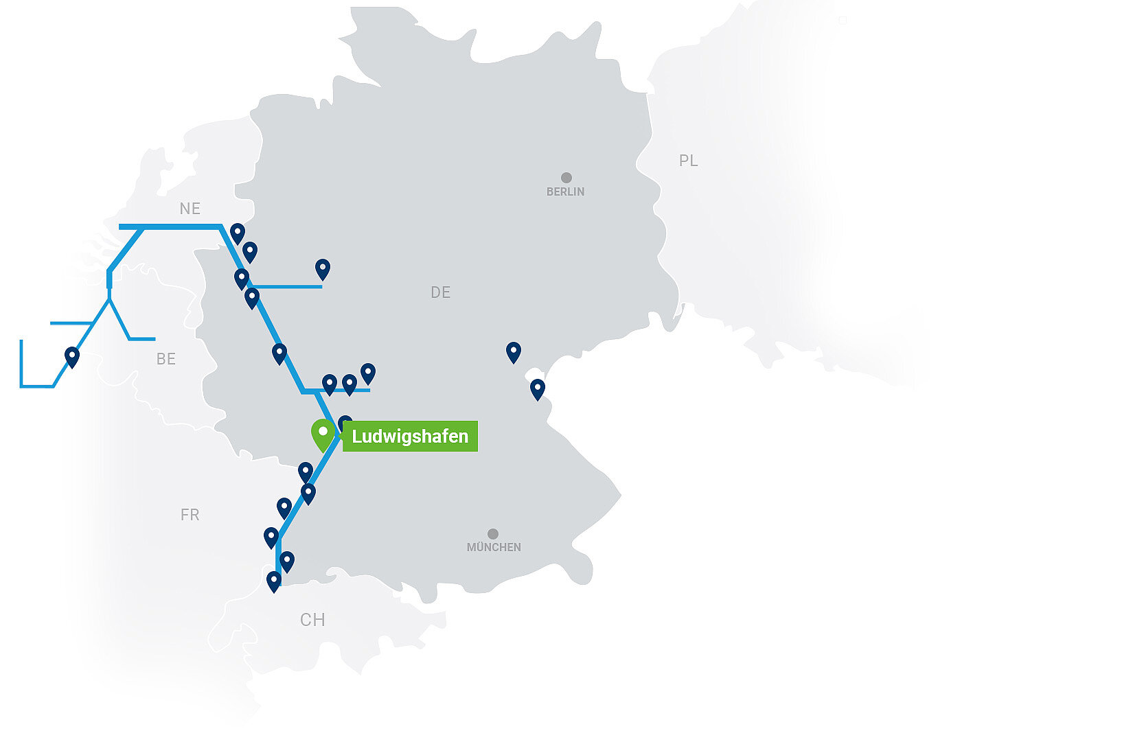 Netzwerkkarte Contargo Terminals mit Highlight auf Ludwigshafen