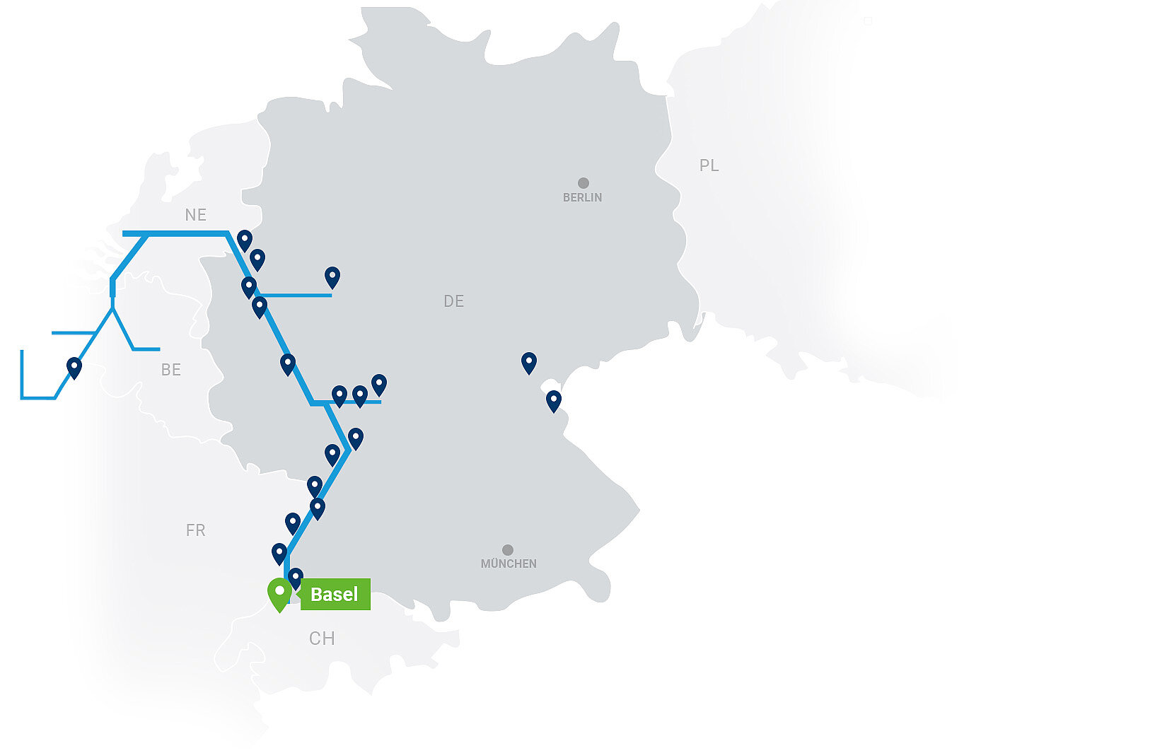 Karte Contargo Terminals mit Highlight auf Basel