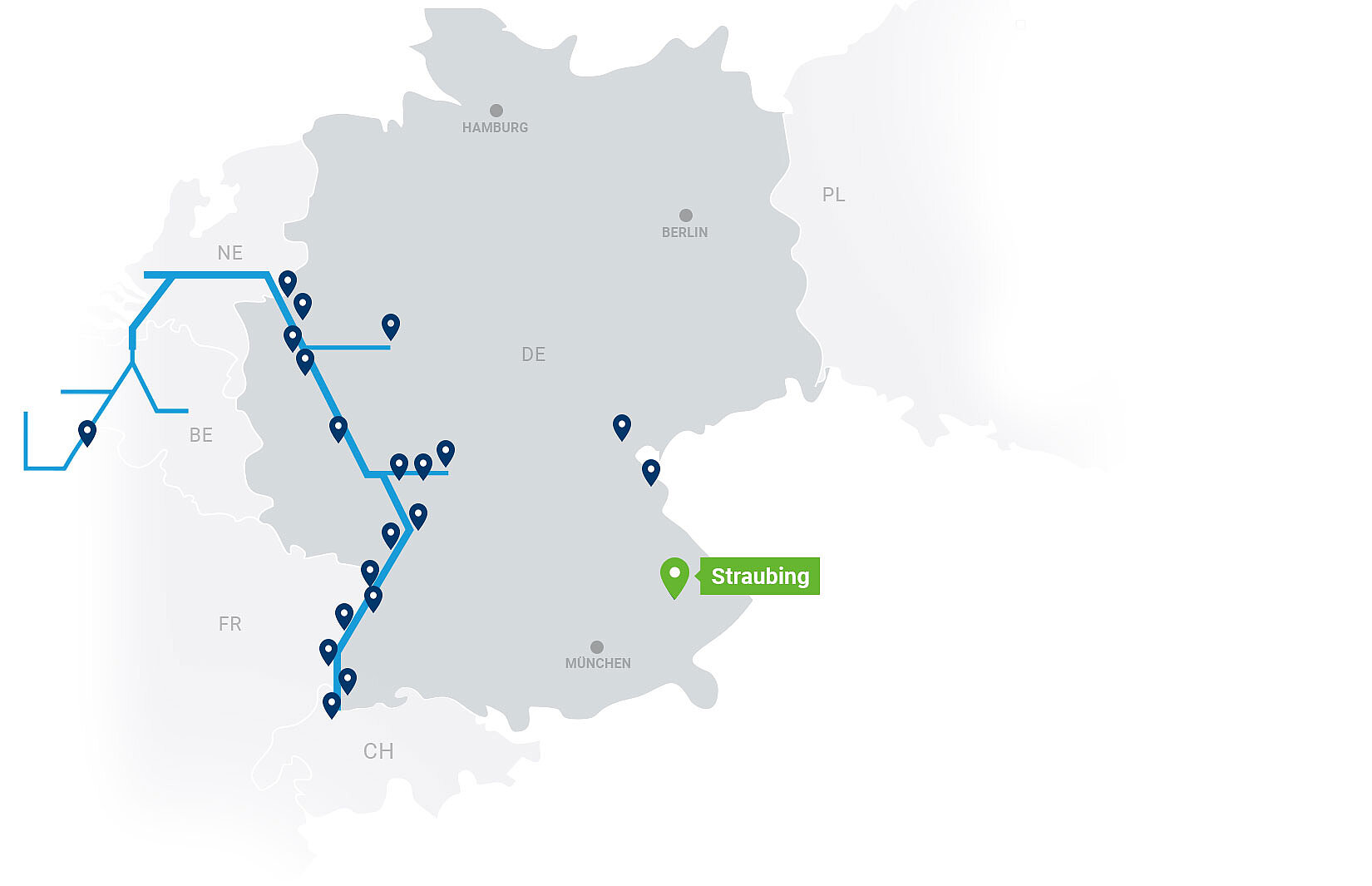 Netzwerkkarte Contargo Terminals mit Highlight auf Strasbourg