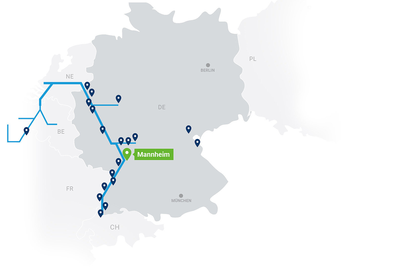 Netzwerkkarte Contargo Terminals mit Highlight auf Mannheim