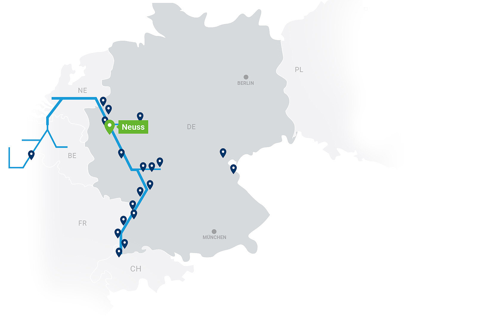 Netzwerkkarte Contargo Terminals mit Highlight auf Neuss