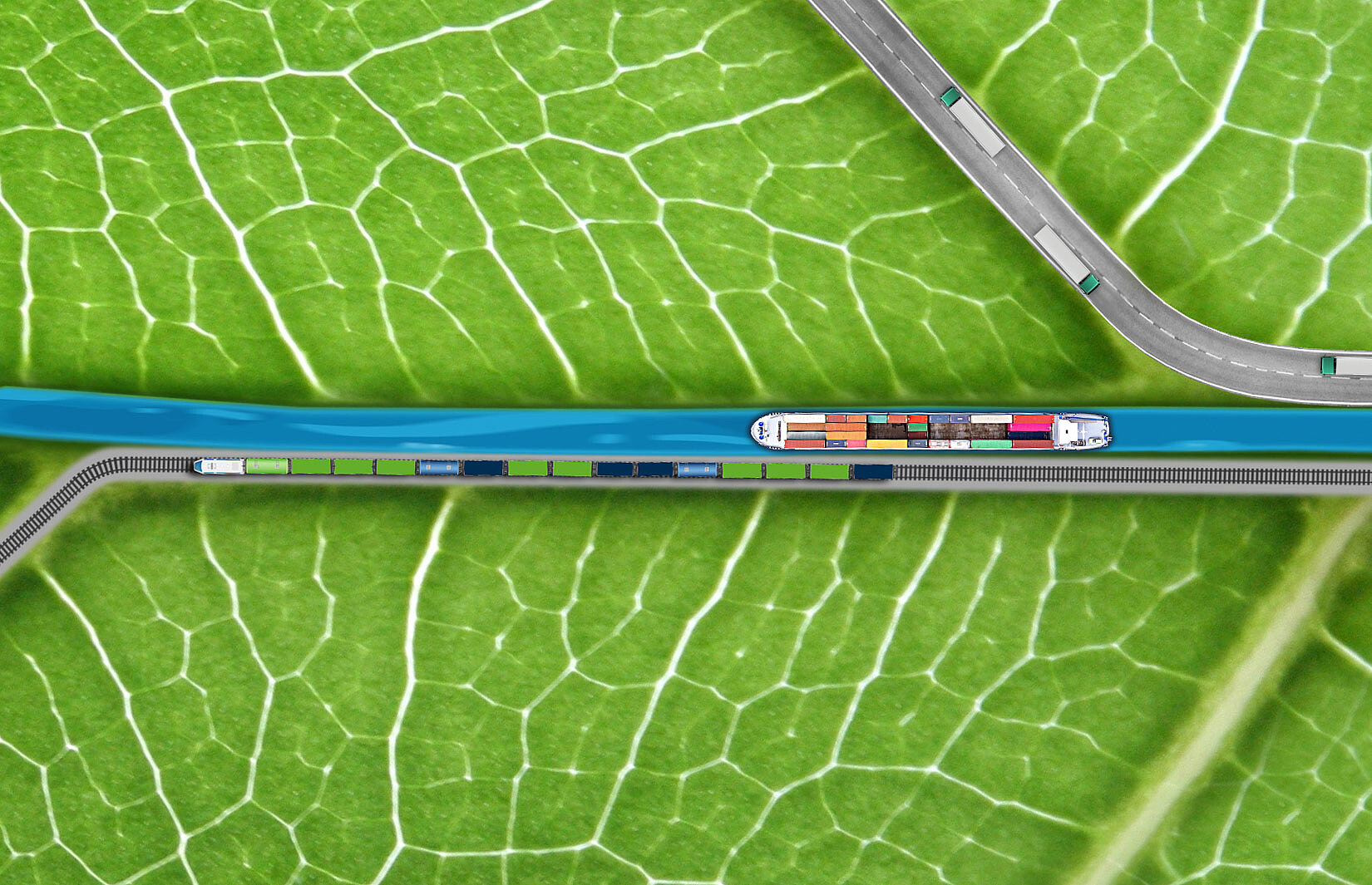 Drei Modalitäten Lkw, Zug und Binnenschiff auf einer grünen Blattstruktur