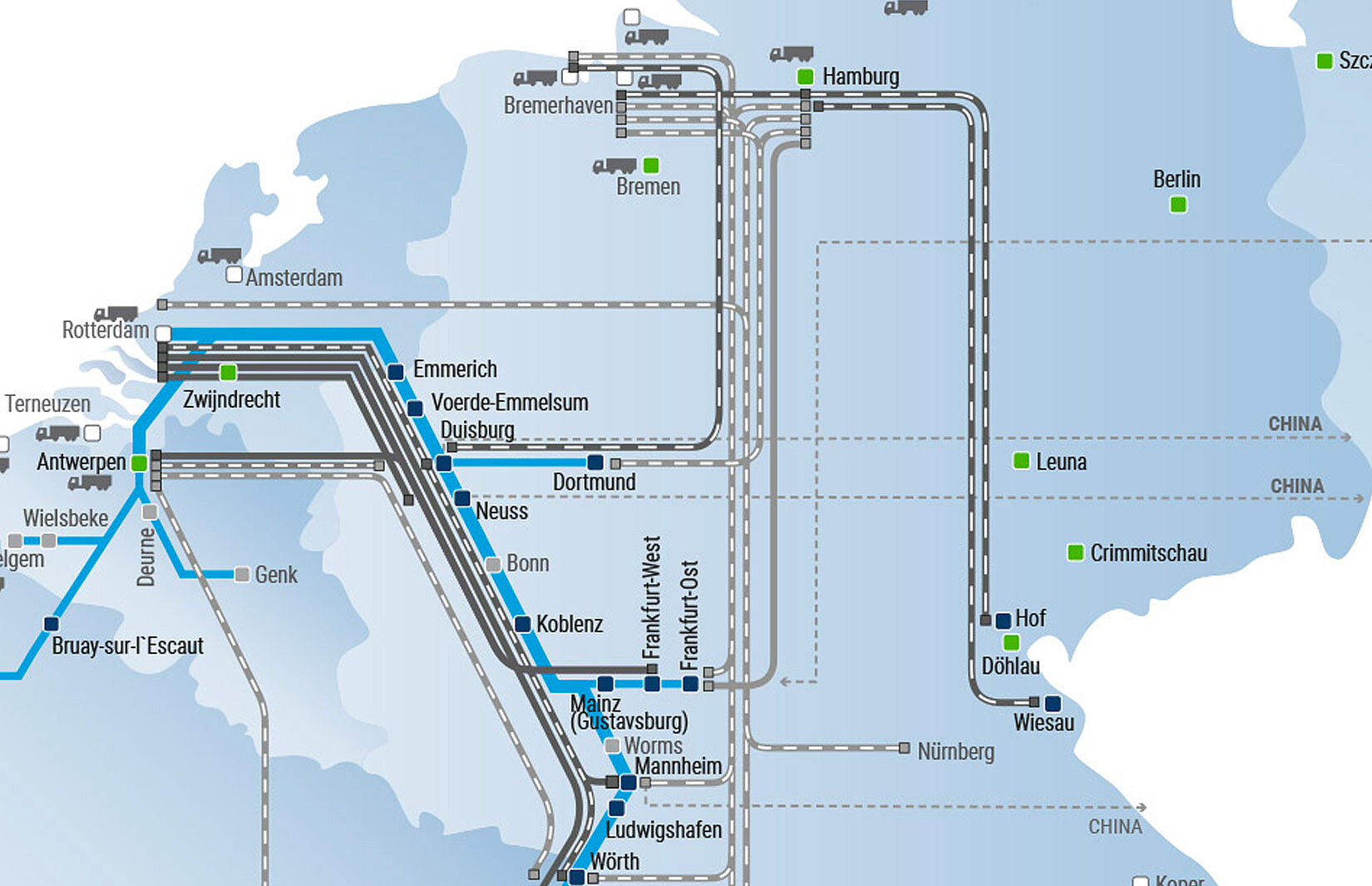 Netzwerkkarte mit eingezeichneten Transportverbindungen