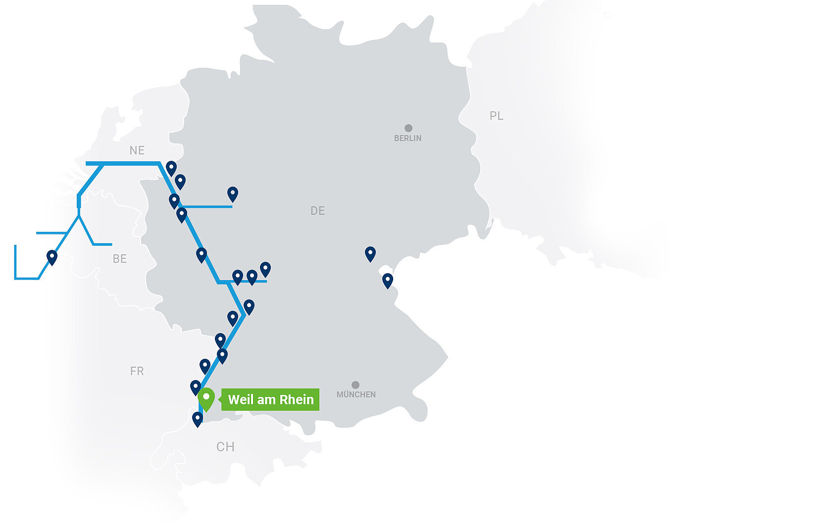 Netzwerkkarte Contargo Terminals mit Highlight auf Weil am Rhein