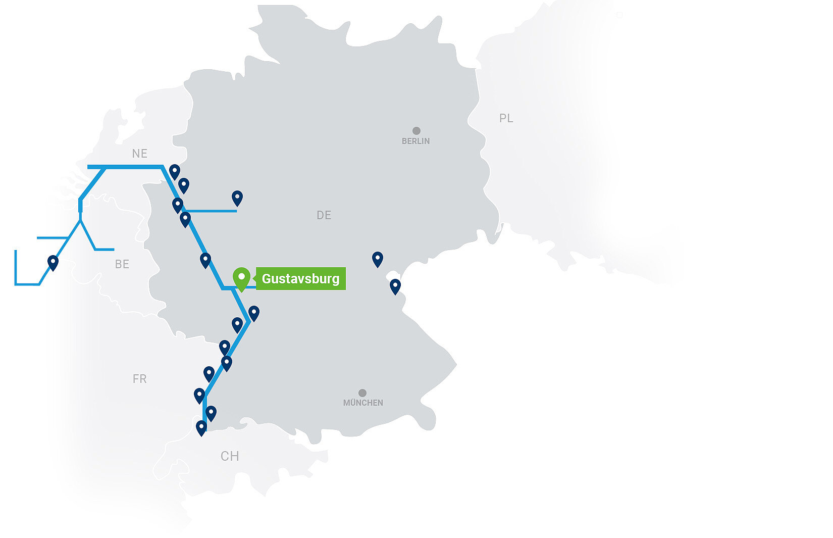 Netzwerkkarte Contargo Terminals mit Highlight auf Gustavsburg