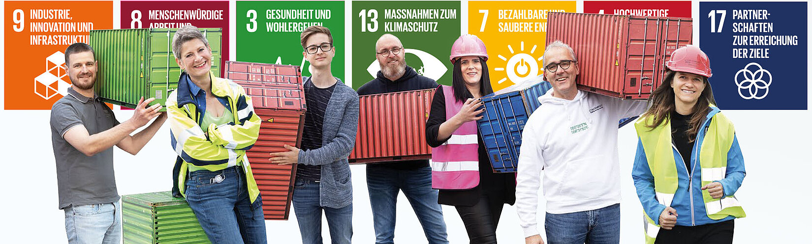 Mitarbeitende Sechs Contargo Mitarbeitende mit Pappcontainern in der Hand