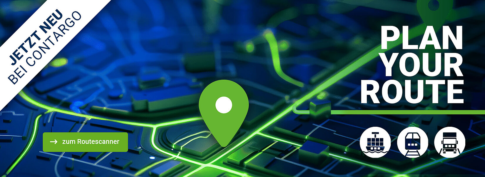 dunkelblauer Plan mit grünen Wegen und einem Standortpin. Text auf dem Bild - Plan your route.
