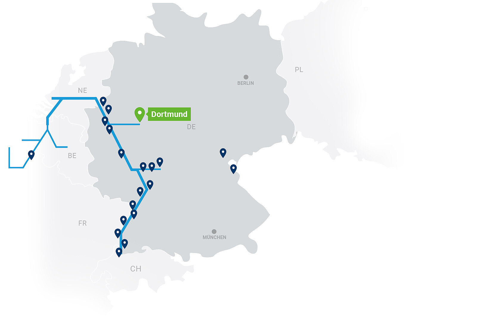 Karte Contargo Terminals mit Highlight auf Dortmund