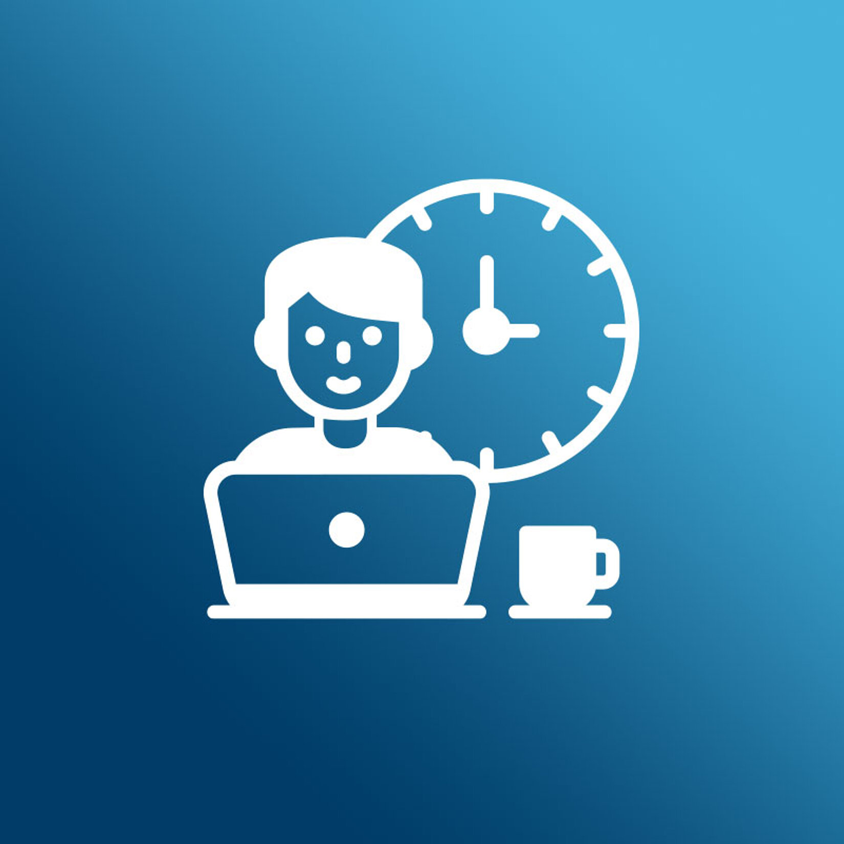 Icon ein mann sitzt vor einem Laptop. Uhr im Hintergrund.